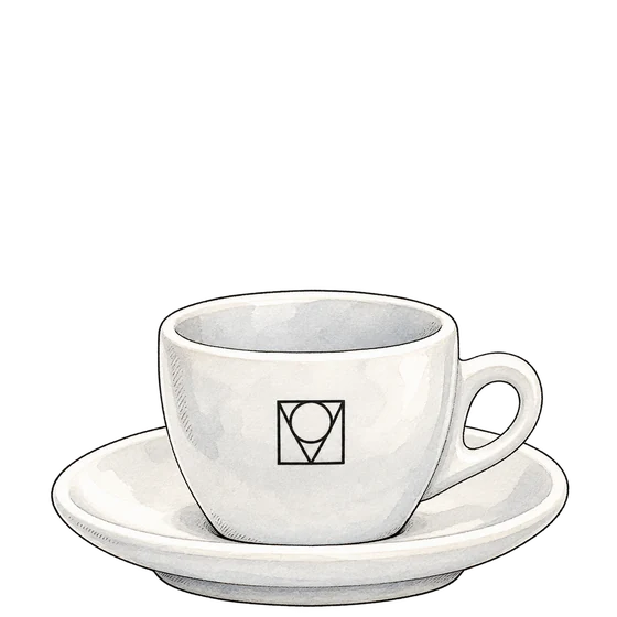 Illustration of MOK’s white porcelain cup and saucer with its black geometric monogram
