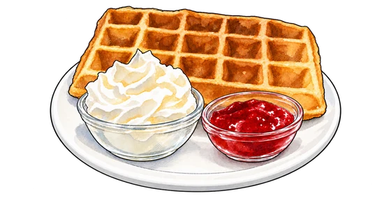 A golden rectangular waffle on a white plate with glass dishes of whipped cream and red jam