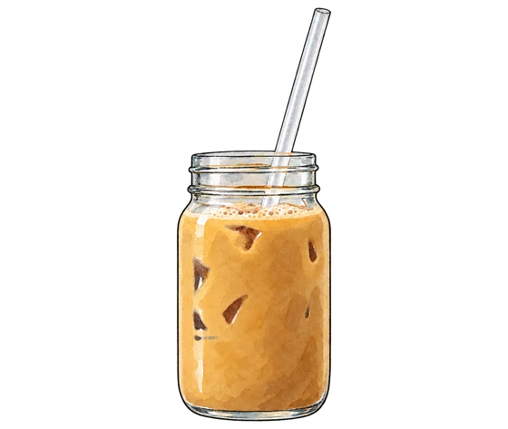 Illustration of Mostra’s golden Iced Coconut Bibingka Latte in a ridged glass jar with a pale straw