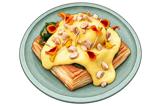 Illustration of NOWHERE's square Florentine Danish with yellow coffee hollandaise and orange petals on a sage-green plate