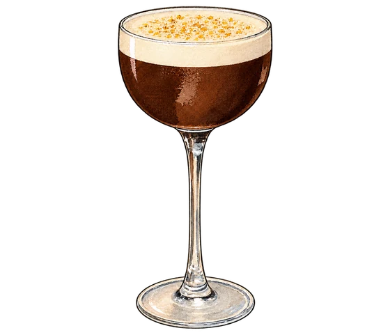 ONA's After Dark coffee drink with dark coffee, ivory cream and golden topping in a tall stemmed glass