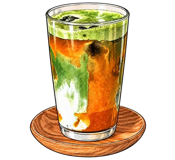 Illustration of a tall glass with green, amber and white drink layers on a wooden saucer
