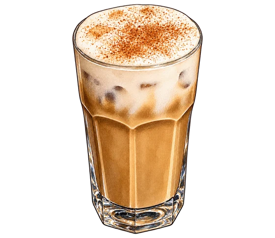 Illustration of Panther Spiced Latte in a tall faceted glass, with pale cold foam and brown topping