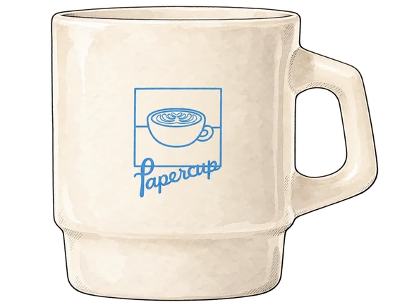Illustration of Papercup’s beige handmade mug with a blue cup logo, script lettering and angular handle