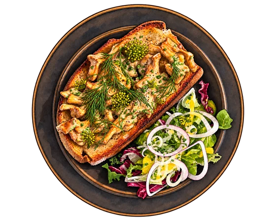 Illustration of Pascal's chanterelle and dill sourdough toast with side salad on a dark ceramic plate