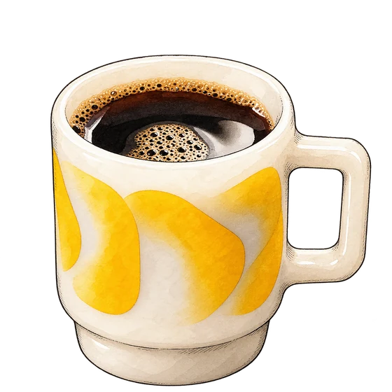 Illustration of Pilot’s cream milk-glass mug with bold yellow graphics, a square handle and black coffee