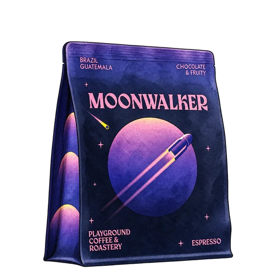 Illustration of Playground’s purple Moonwalker espresso bag with pink lettering and a rocket crossing a planet