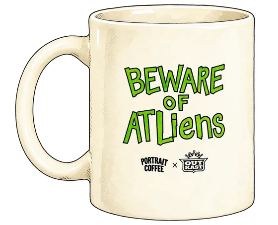 Illustration of Portrait Coffee’s cream mug with green BEWARE OF ATLiens lettering and Portrait Coffee × OutKast logos
