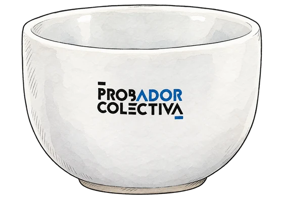 Illustration of Probador Colectiva’s white handleless cupping bowl with its black-and-blue wordmark