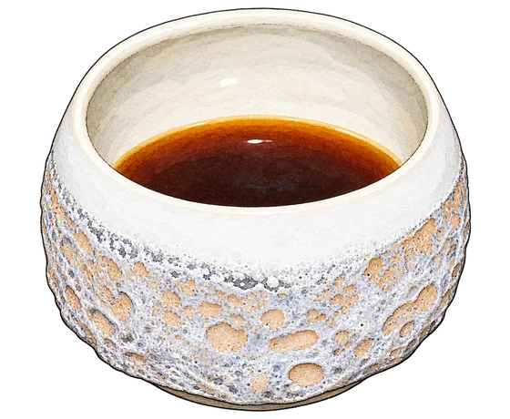 Prolog's rounded Sarah Oakman ceramic cup, with pale blue-grey bubbling glaze, sandy patches and dark filter coffee