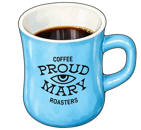 Proud Mary's blue diner mug with black eye emblem and lettering, white interior and black coffee