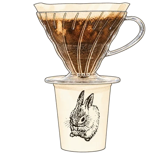 Illustration of a clear ribbed coffee dripper with a paper filter over Prufrock's cream rabbit cup