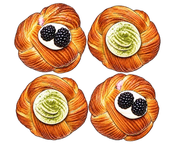 Illustration of four golden Qima cruffins topped with cream, blackberries and green dusting