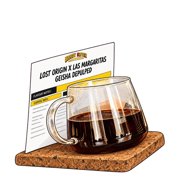Illustration of Ripsnorter's glass coffee server on a cork tray with a yellow-and-black Bloody Ripper coffee card