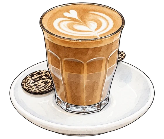 Illustration of Rosslyn's faceted coffee glass with latte art on a white saucer beside a patterned spoon