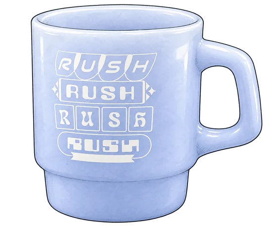 Illustration of Rush Rush’s pale blue jade glass mug with four white Rush wordmarks and a rounded handle