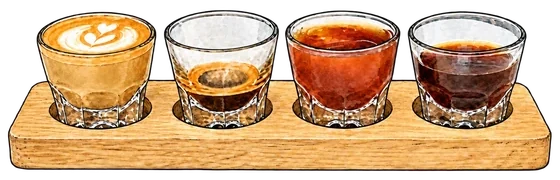 Illustration of Saint Frank's four-coffee tasting board with short faceted glasses in a wooden holder