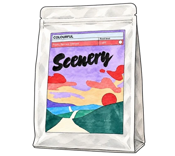 Illustration of Scenery's white coffee bag with its colourful landscape label