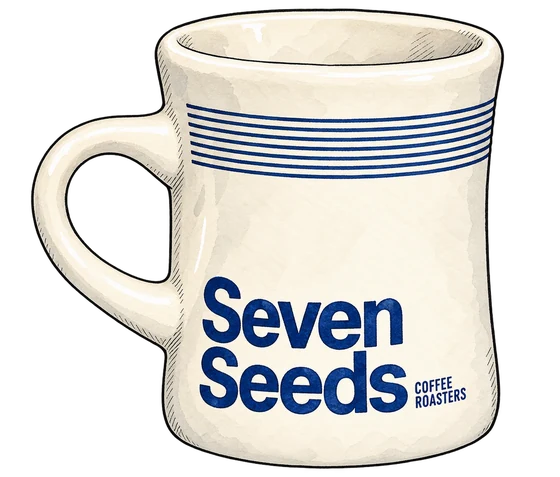 Illustration of Seven Seeds’ cream diner mug with navy stripes, stacked lettering and a rounded handle