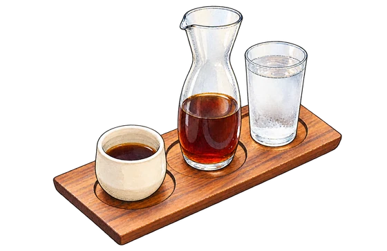 Illustration of SEY’s cream coffee cup, pinched glass carafe and water glass on a wooden board with three circular recesses