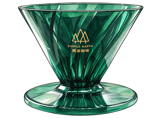 Illustration of Simple Kaffa's green Hario Alpha dripper with spiral ribs, a circular foot and gold tree logo