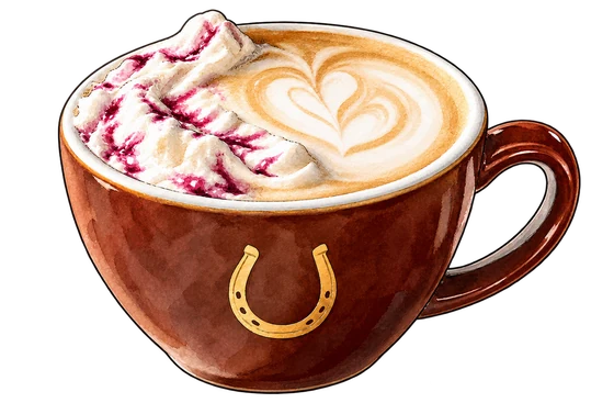 Stumptown’s brown horseshoe cup with a latte, whipped cream and blackberry drizzle