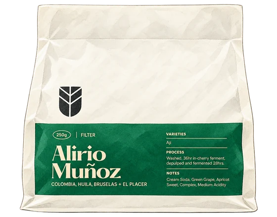 Illustration of Subtext’s cream coffee bag with a black leaf emblem and green Alirio Muñoz label
