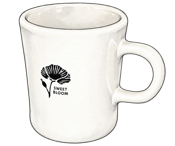 Illustration of Sweet Bloom’s cream ceramic diner mug with a black poppy emblem and right-hand handle