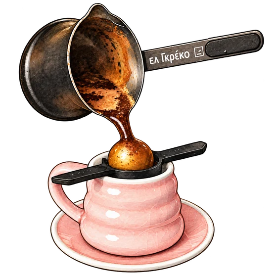 Illustration of Tactile’s black ibric pouring coffee over a golden sphere above a pink cup and saucer