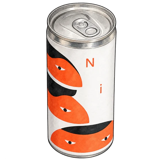 Illustration of Three Marks’ white nitro coffee can with orange faces, black hair and a silver pull-tab lid