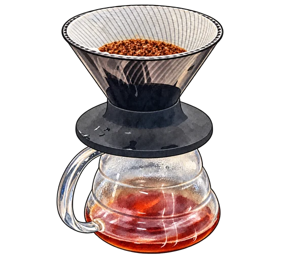 Illustration of Tiba’s dark pour-over dripper above a ribbed glass carafe of amber coffee