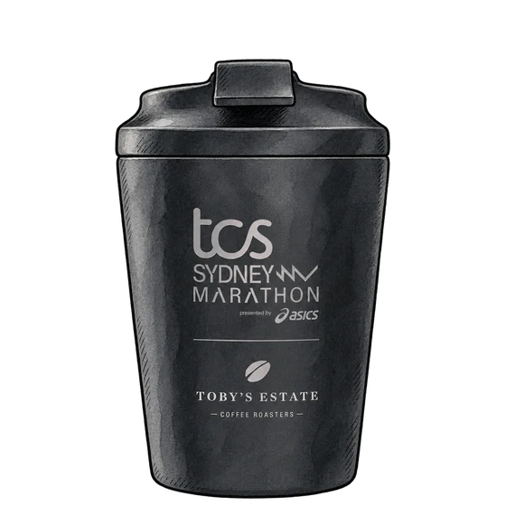 Charcoal reusable cup with grey Sydney Marathon and Toby’s Estate branding