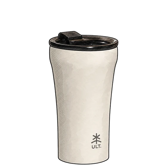 Illustration of ULT’s beige reusable cup with a dark lid and grey ULT emblem