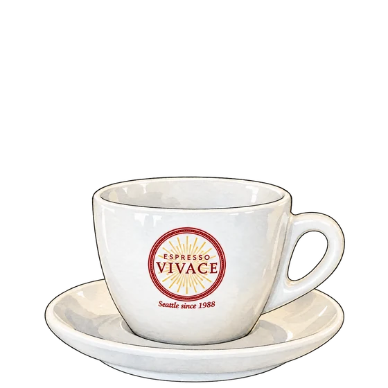 Illustration of Vivace's white porcelain cup and saucer with burgundy lettering and a gold sunburst logo