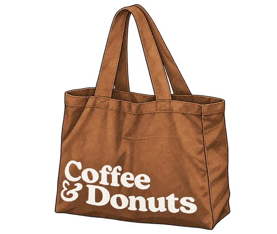 Illustration of Yardstick's brown canvas tote with broad straps and white Coffee & Donuts lettering