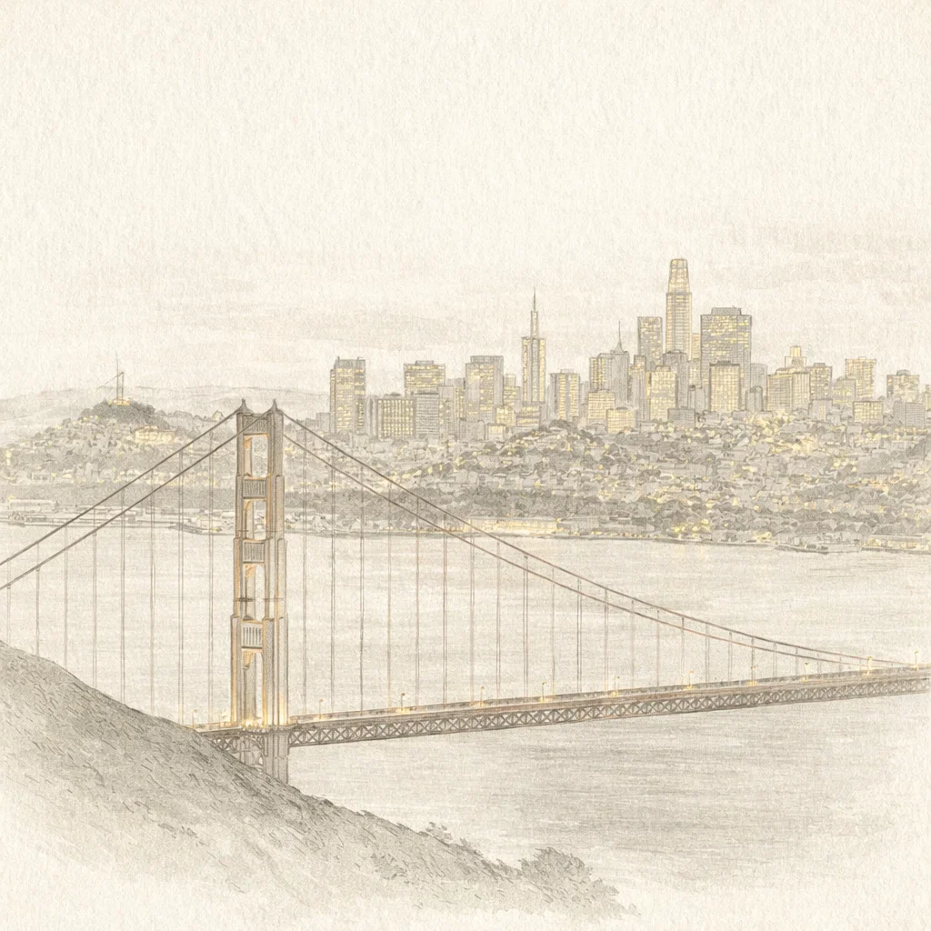 Illustration of San Francisco hills at sunset