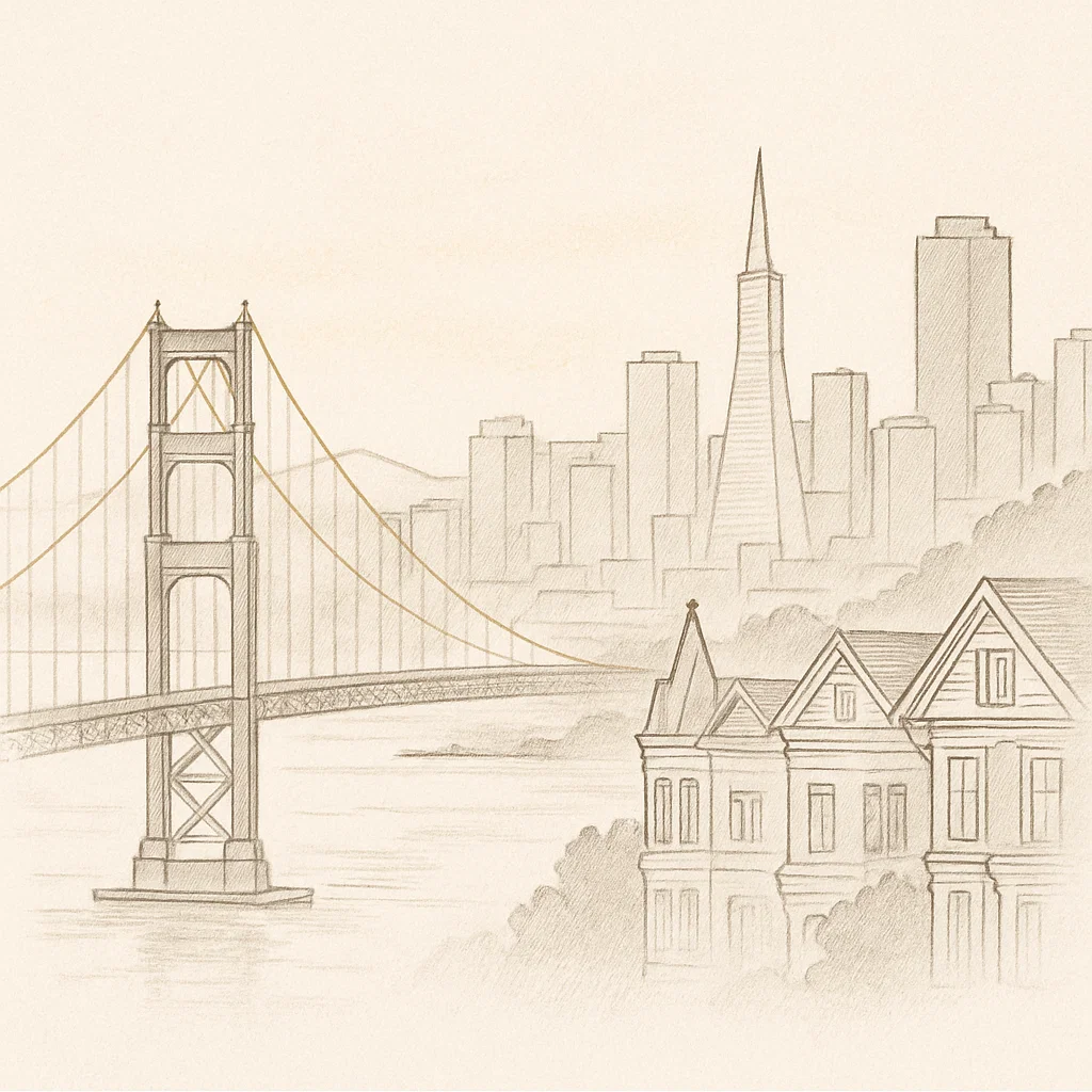 Illustration of San Francisco hills at sunset