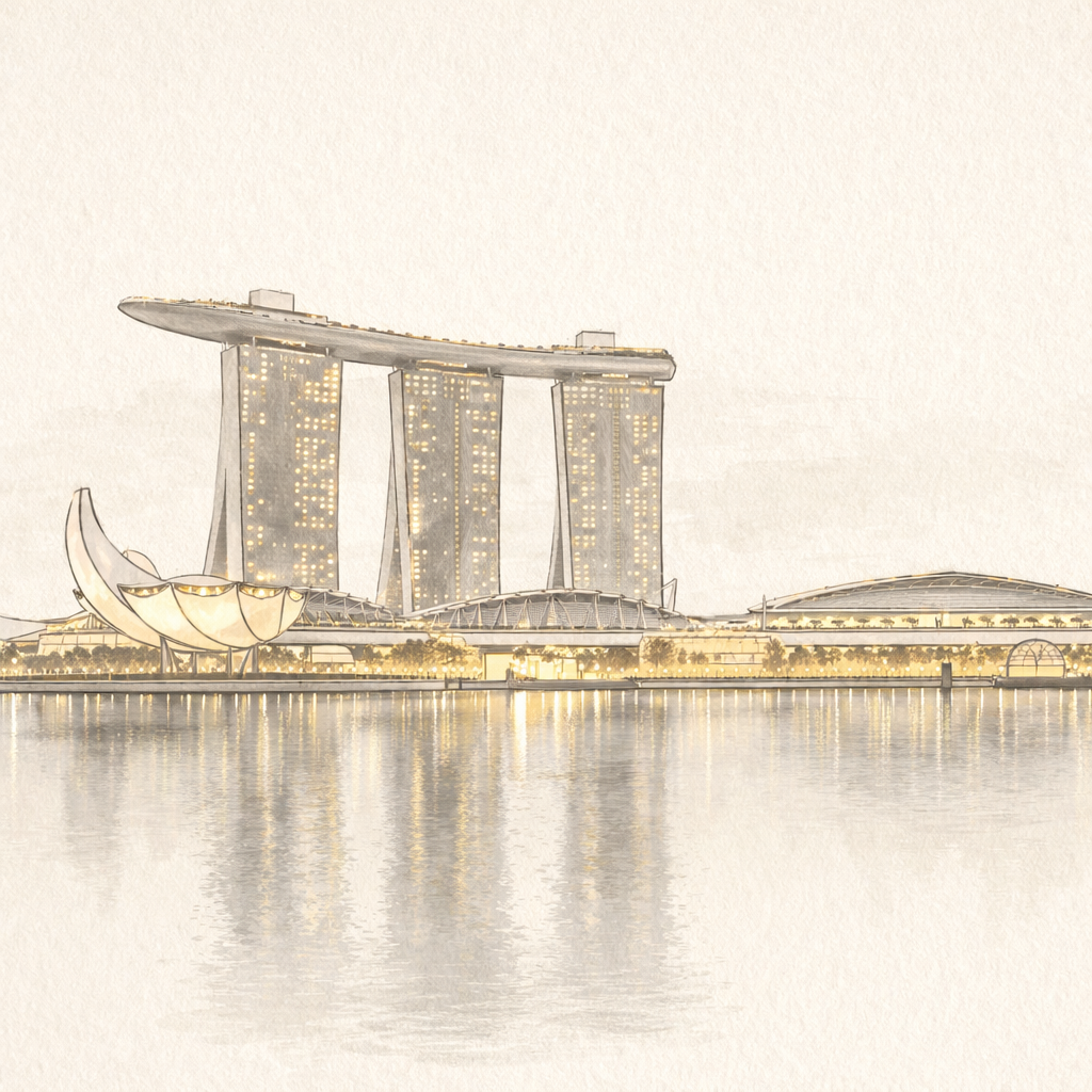 Illustration of Singapore skyline and Marina Bay