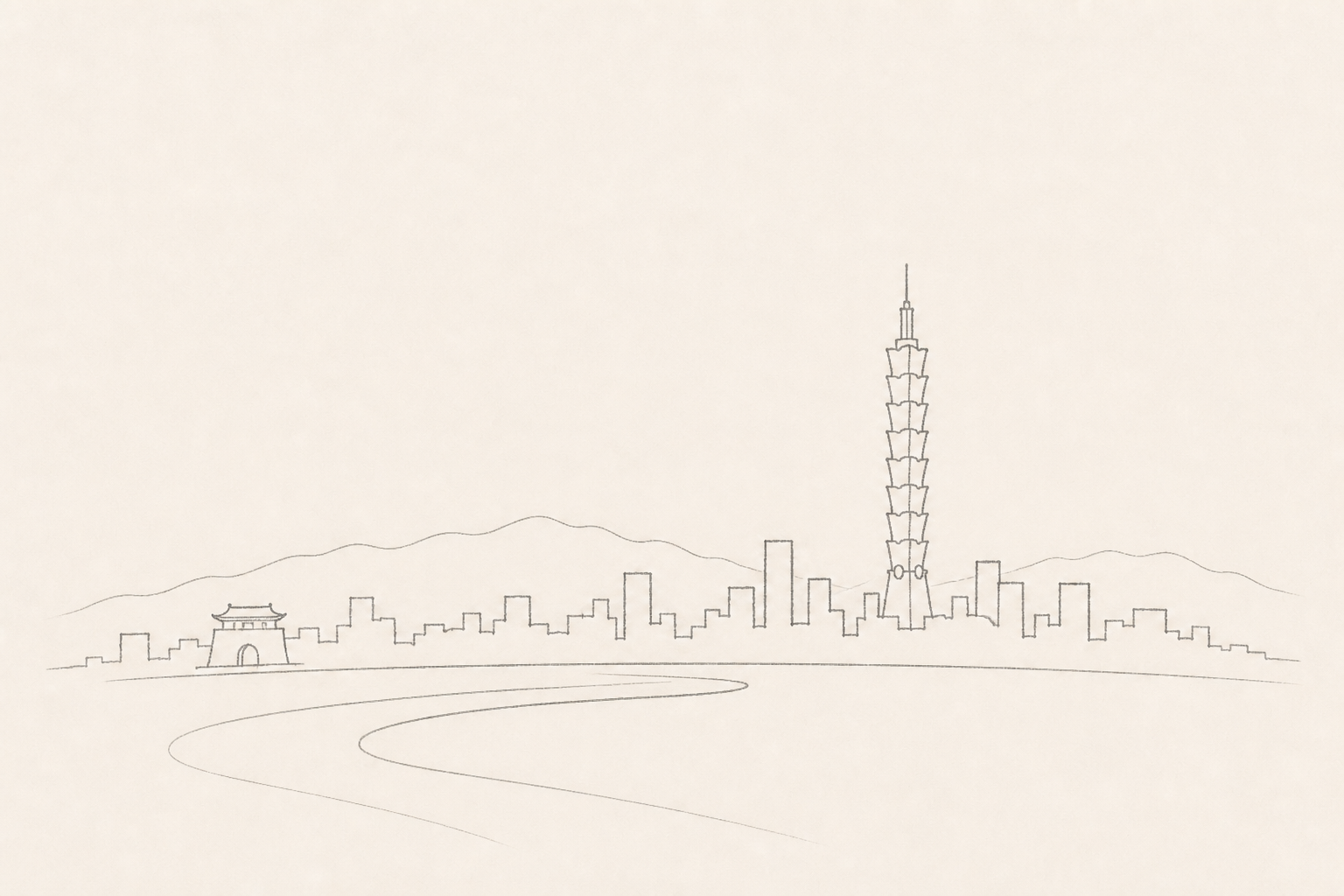 Minimal pencil outline of Taipei 101, Beimen, and the city skyline