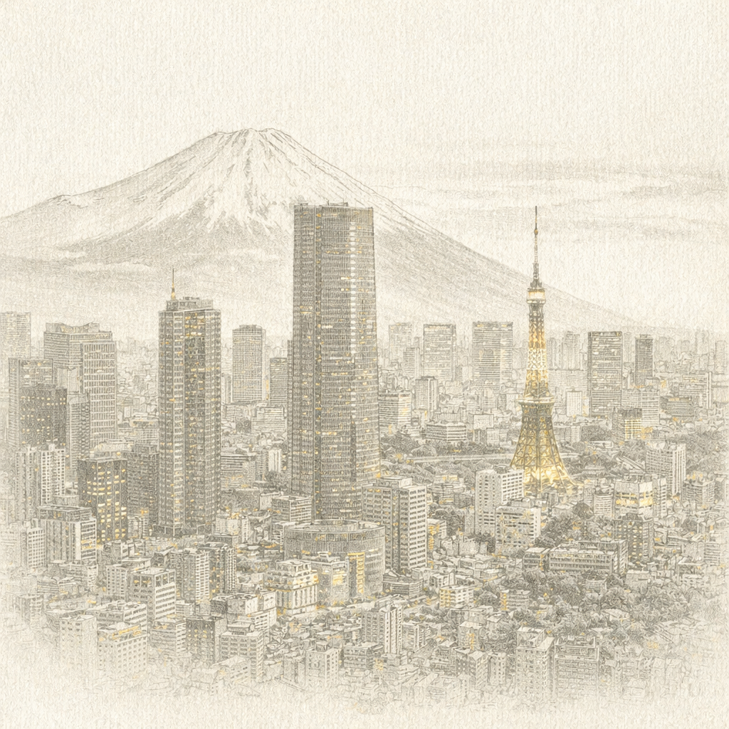 Illustration of Tokyo skyline with Mount Fuji in the distance