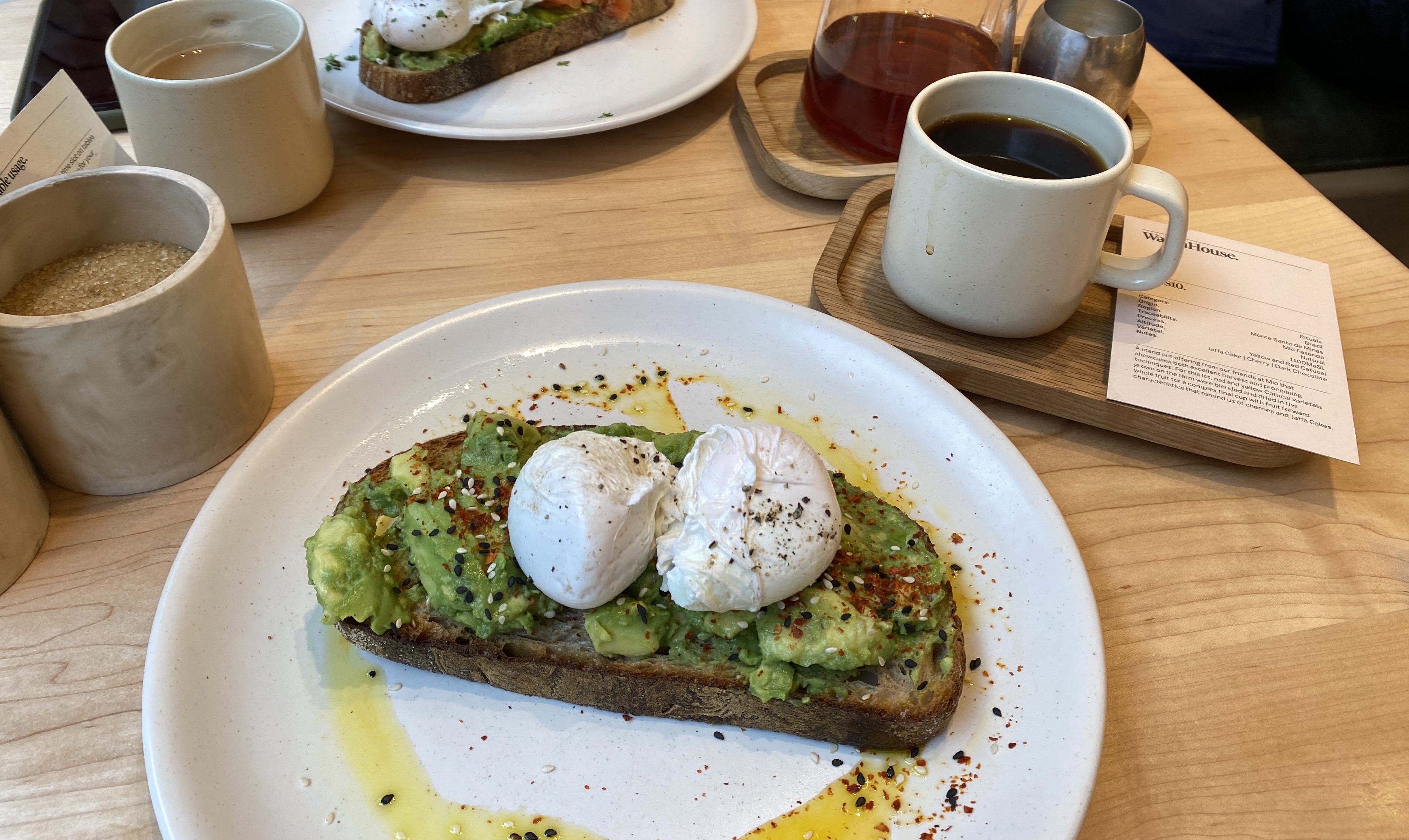 Flat white served on a tray with bean card at WatchHouse Marylebone